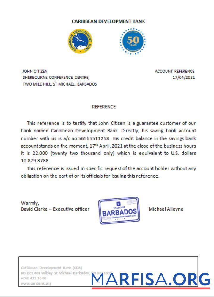 Printable Barbados Caribbean Development Bank reference download for verification